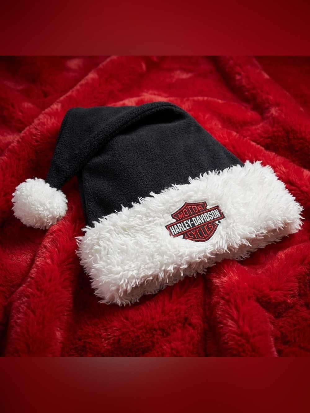 Harley-Davidson Black Santa Hat Fleece White Sherpa Fur Holiday Christmas